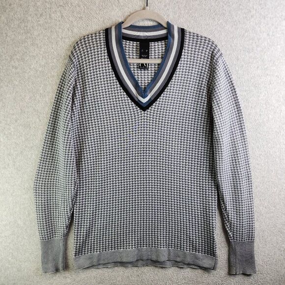 Cold Method Sweater Mens XL Gray Houndstooth Silk Blend V Neck Preppy College - Picture 1 of 14